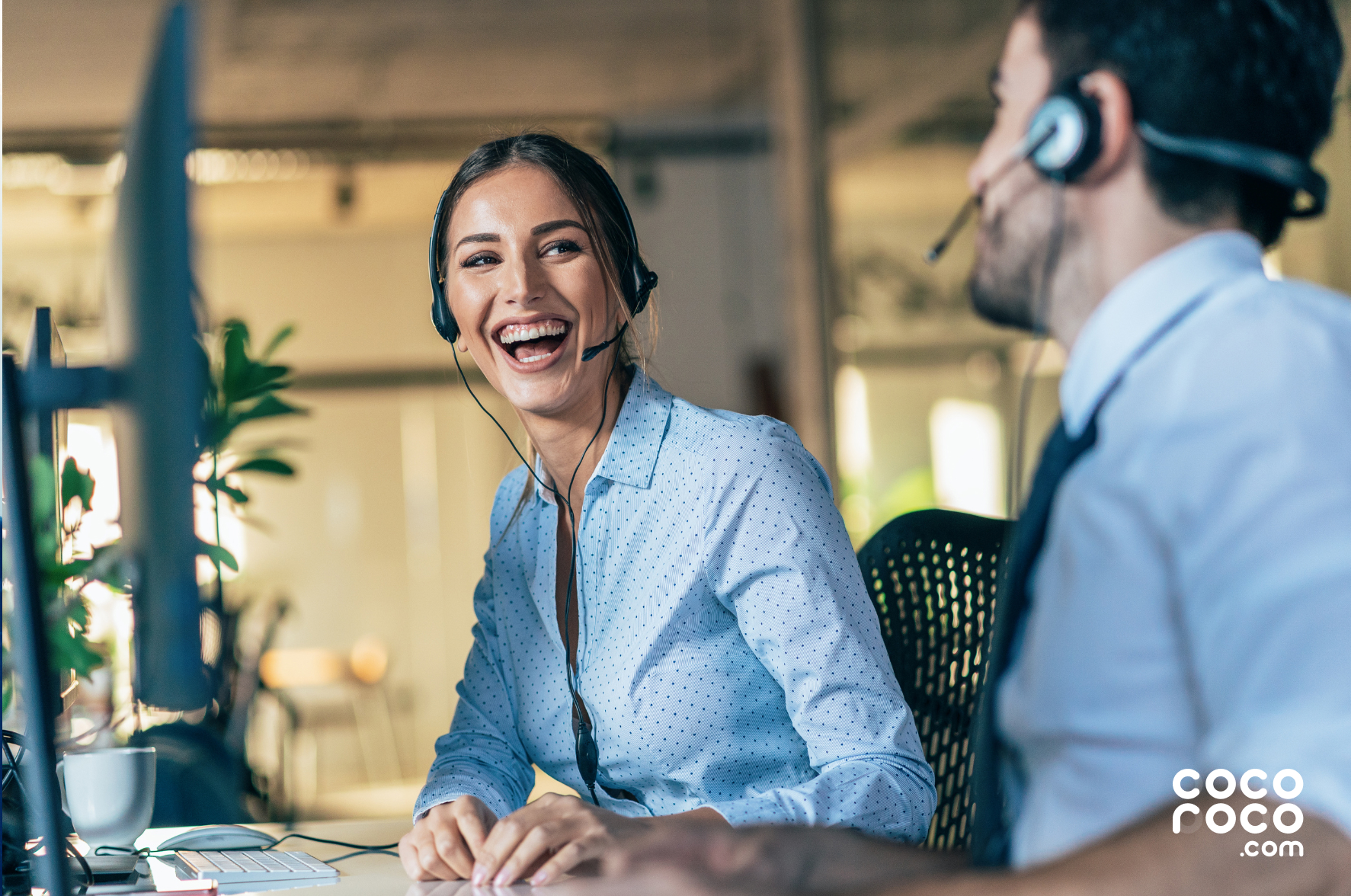 pretty girl in blue shirt working as a customer service agent